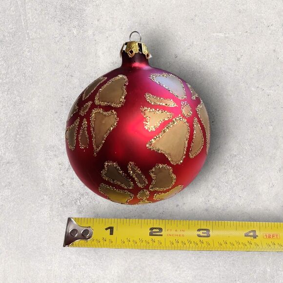 Vintage Set of 2 Hand‑Painted Hibiscus Christmas Ornaments Red Blue Gold Glitter - Picture 7 of 7